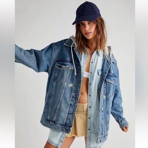 Free People Flawless Hooded Denim Jean Jacket Distressed Lucky Charm
